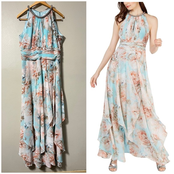 Calvin Klein Floral Maxi Long Flowy Beaded Neck Halter Party Wedding Dress Sz 12